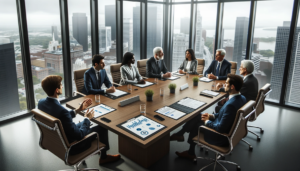 Photo of a conference room where representatives from both Aspirus Health and St. Luke’s are seated around a long wooden table