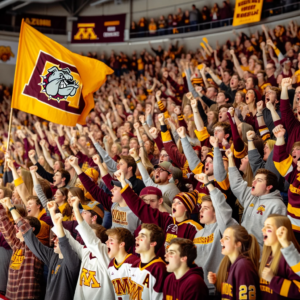 Fans cheering and showing support for the UMD Bulldogs Women Hockey team at AMSOIL Arena